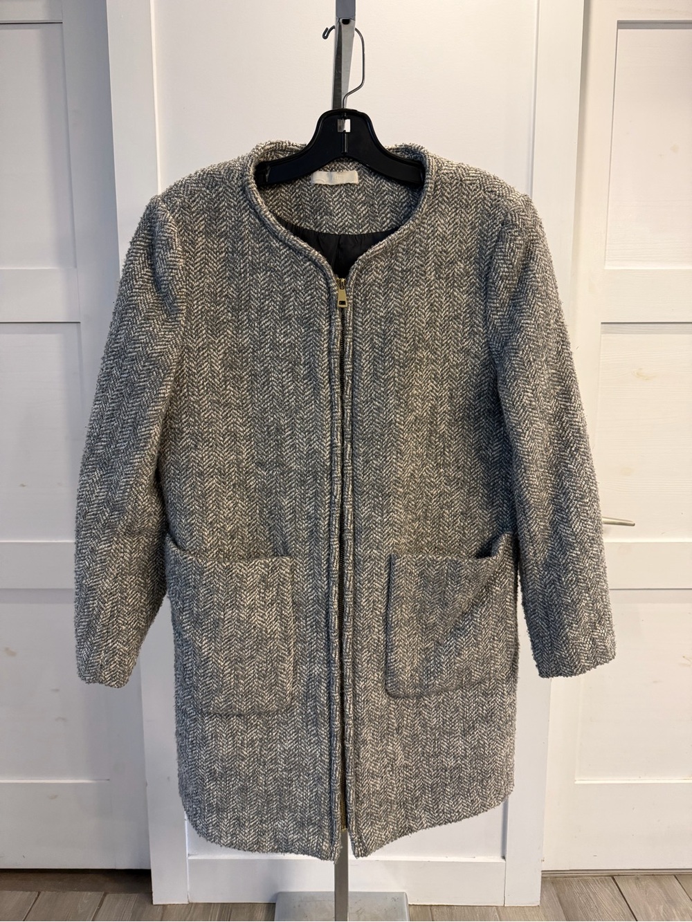 H&M Gray Herringbone Zip-Front Pea Coat